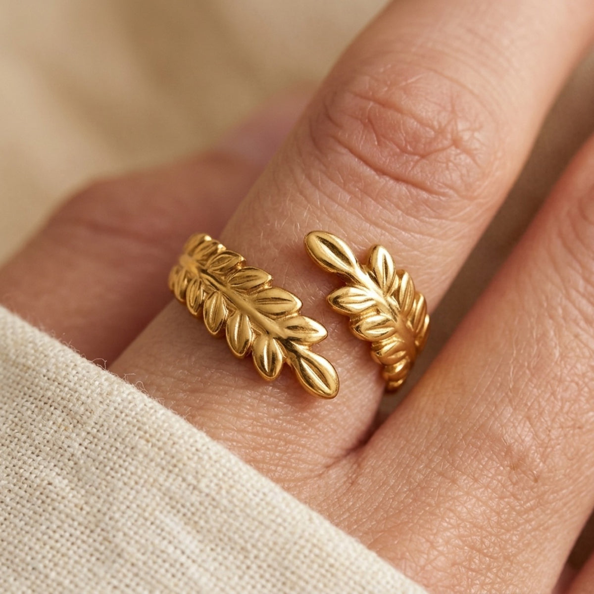 18k Gold PVD Open Leaf Ring worn