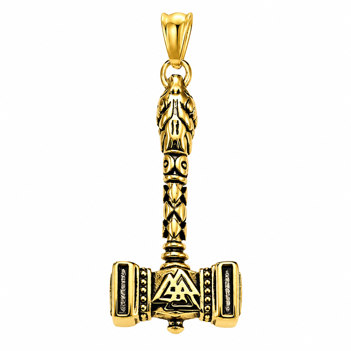 Valknut Norse Hammer Mjolnir Thor Pendant – Gold-Tone Stainless Steel