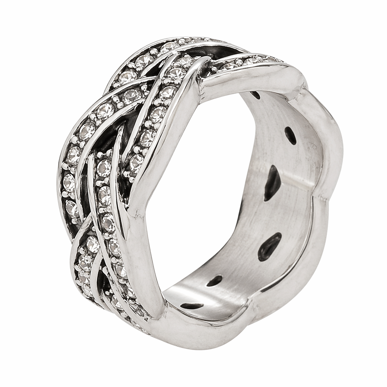 Stainless Steel Criss Cross Weave Clear CZ Band Ring