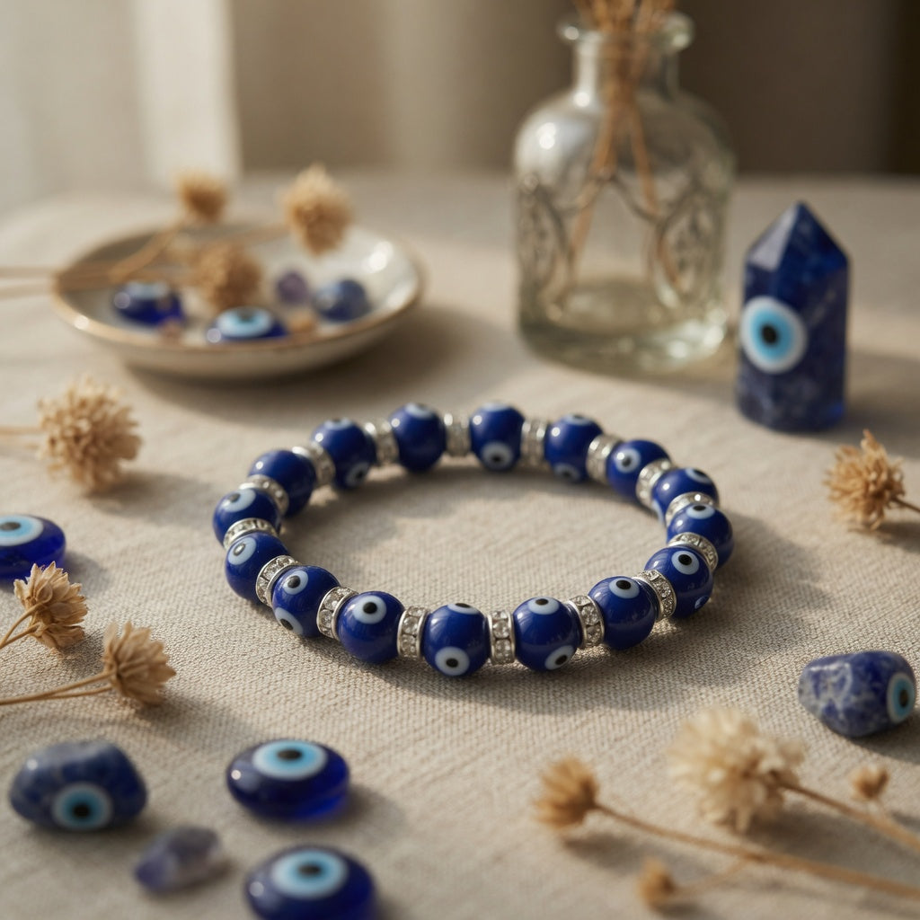 8mm Evil Eye, Blue Stretch Bracelet