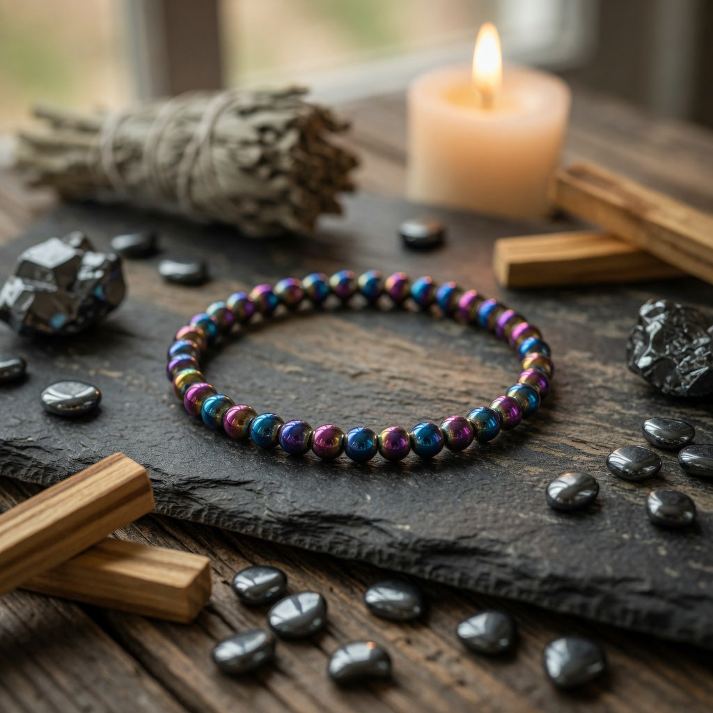 4mm Hematite, Rainbow Stretch Bracelet