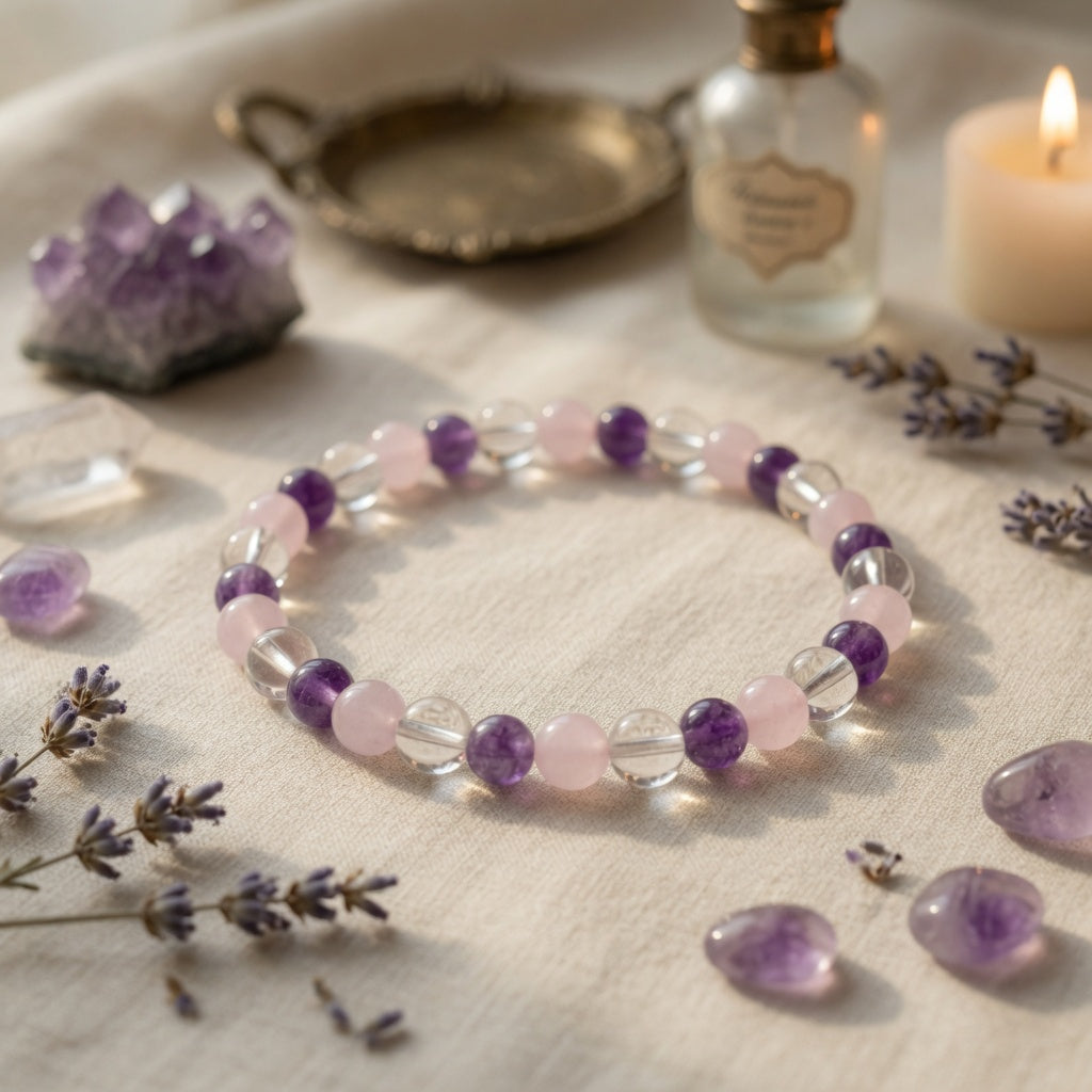6mm Amethyst, Rose Quartz & Quartz Stretch Bracelet