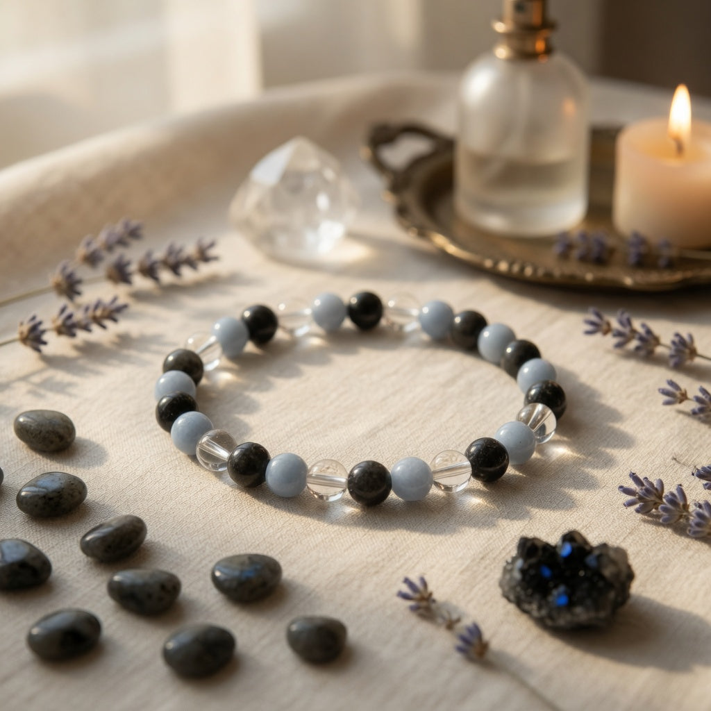6mm Blk Labradorite, Angelite, Quartz Stretch Bracelet