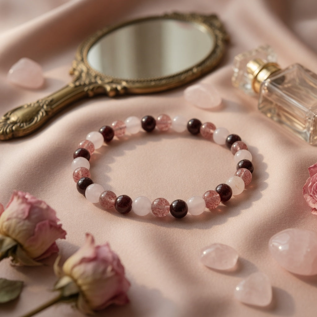 6mm Rose Quartz, Strawberry Quartz & Garnet Stretch Bracelet