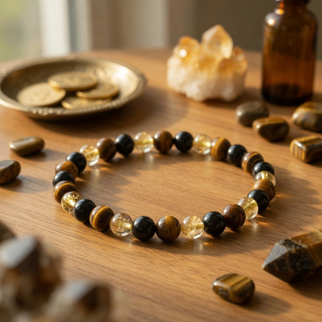 6mm Tiger Eye, Citrine & Black Tourmaline Stretch Bracelet