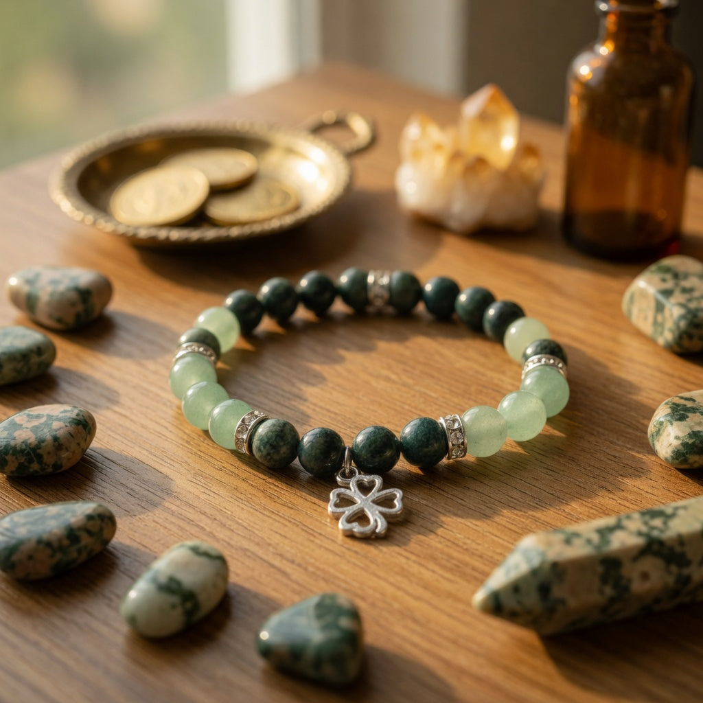 8mm Kambaba Jasper, Green Aventurine, Clover Stretch Bracelet