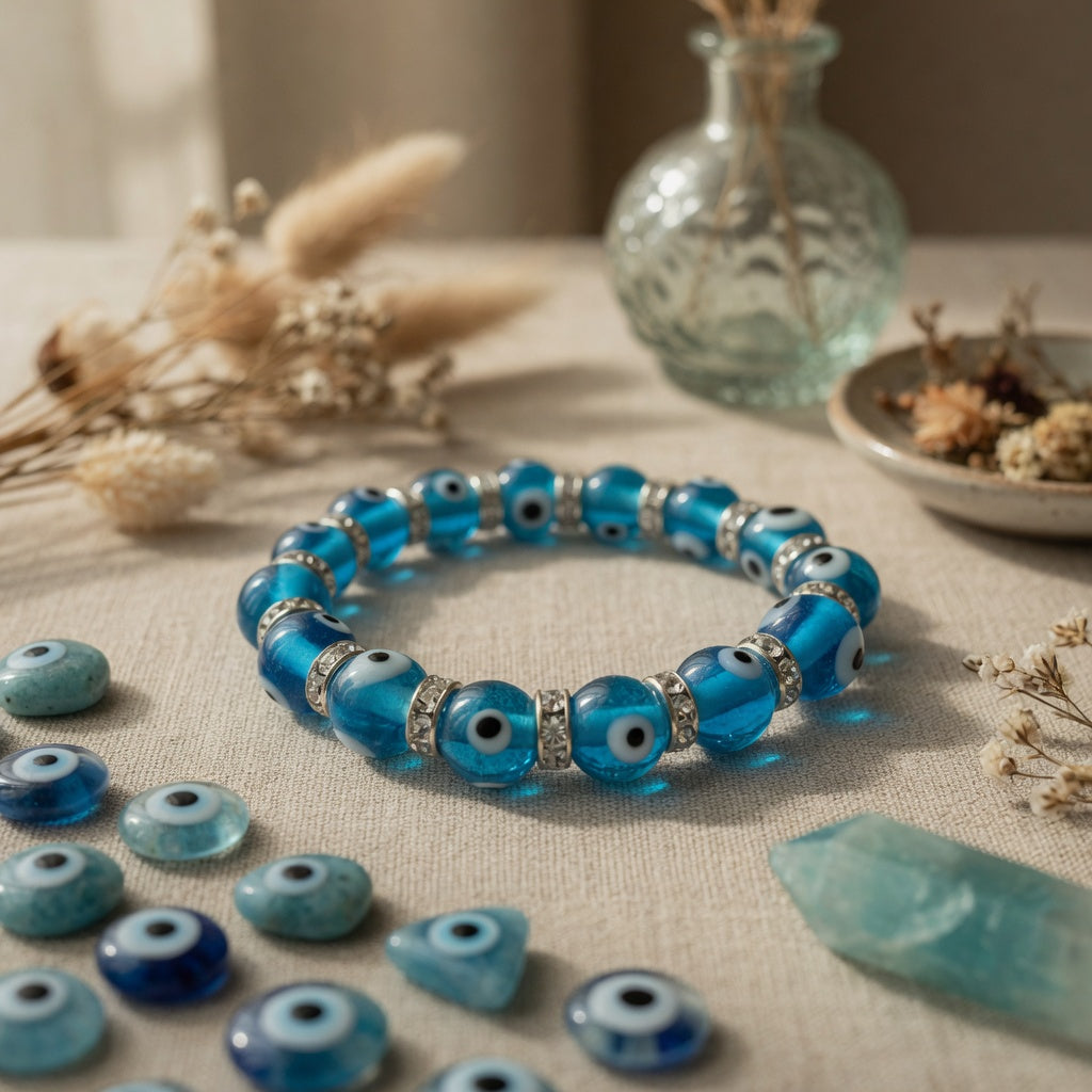 8mm Evil Eye in Aqua Stretch Bracelet