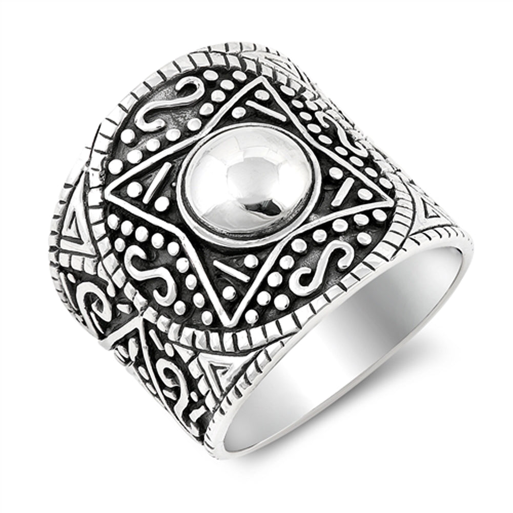 SILVER BLACK AZTEC PATTERN RING/BAND 2024