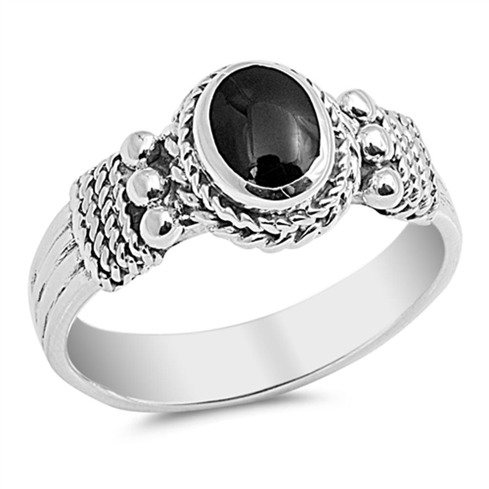 Oval Black Onyx Bali Rope Design Ring New .925 Sterling Silver Band Sizes 5-9