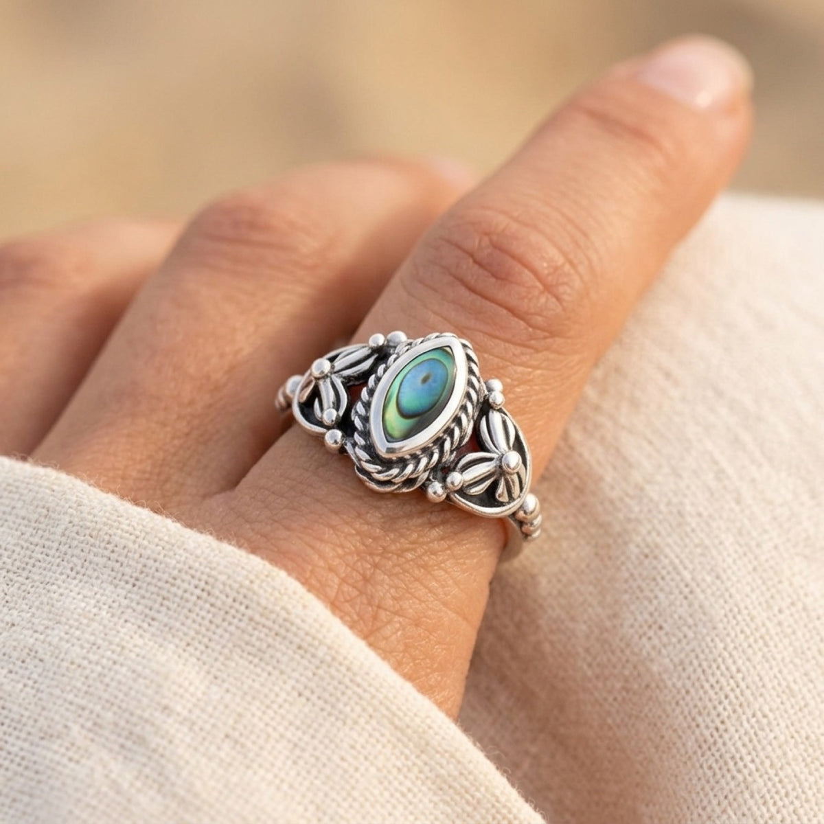 Bali Boho Flower Abalone Ring worn