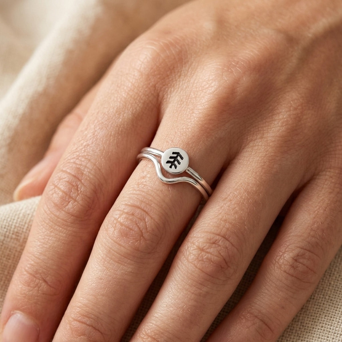 High Polish Tree Imprint Ring worn