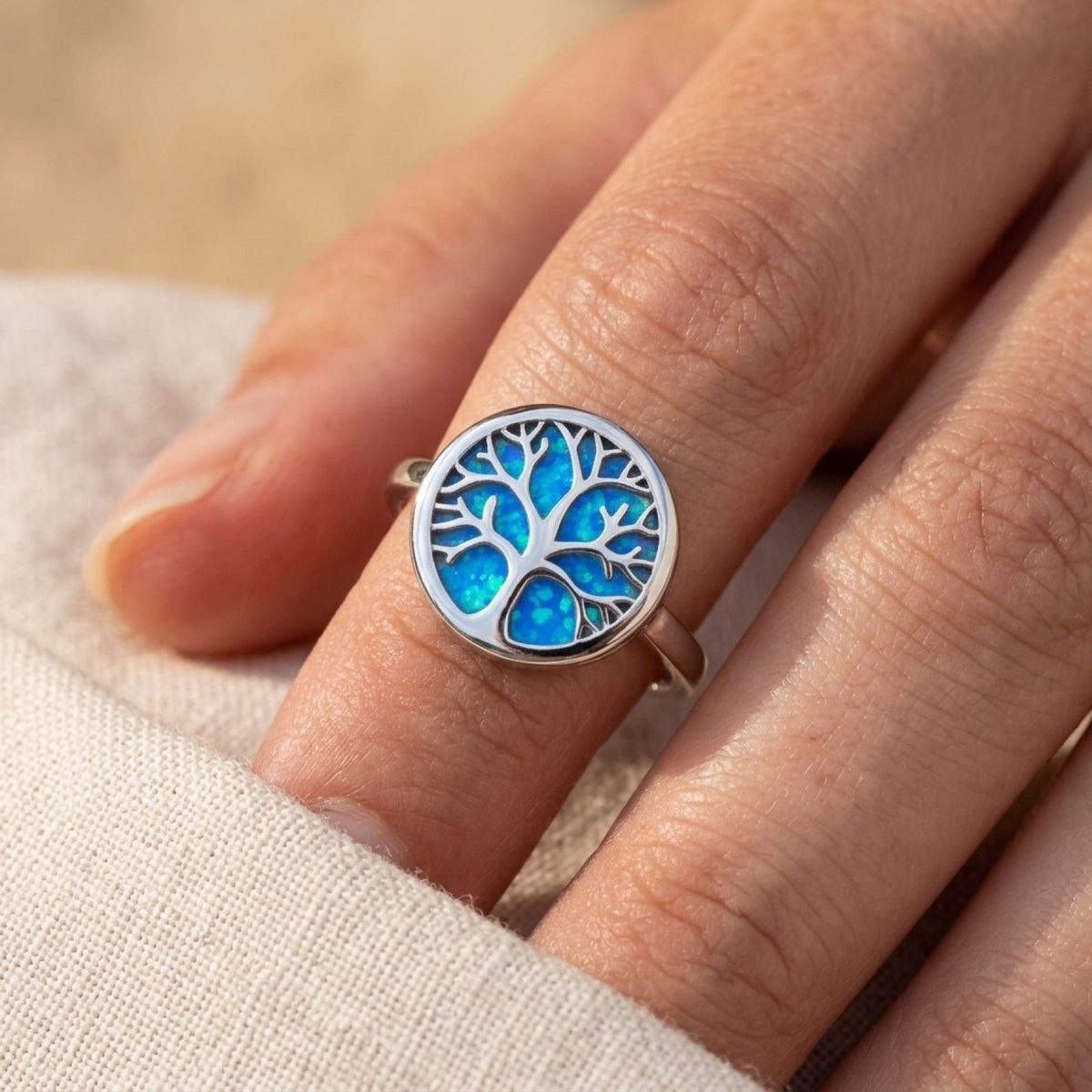 Blue Lab Opal Tree of Life Ring worn
