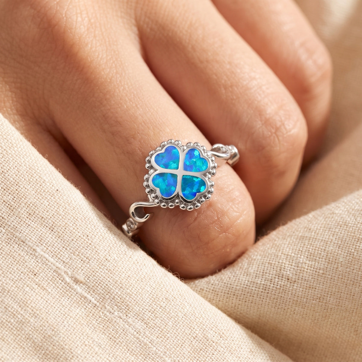 Blue Lab Opal Heart Shamrock Lucky Ring worn