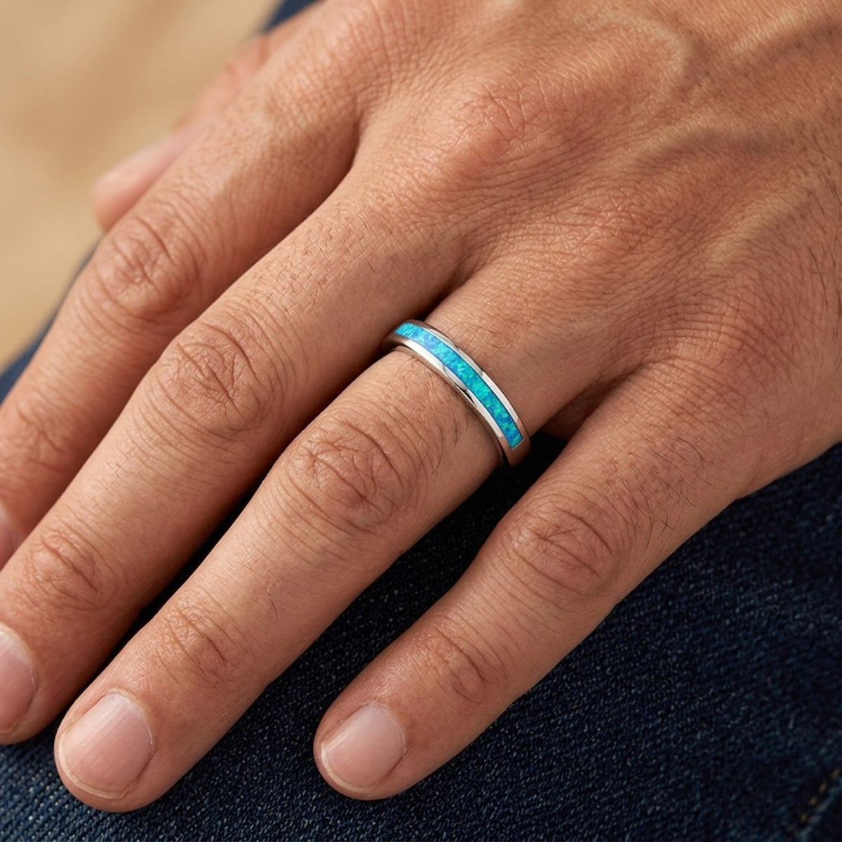 Blue Lab Opal Wedding Men's Ring worn