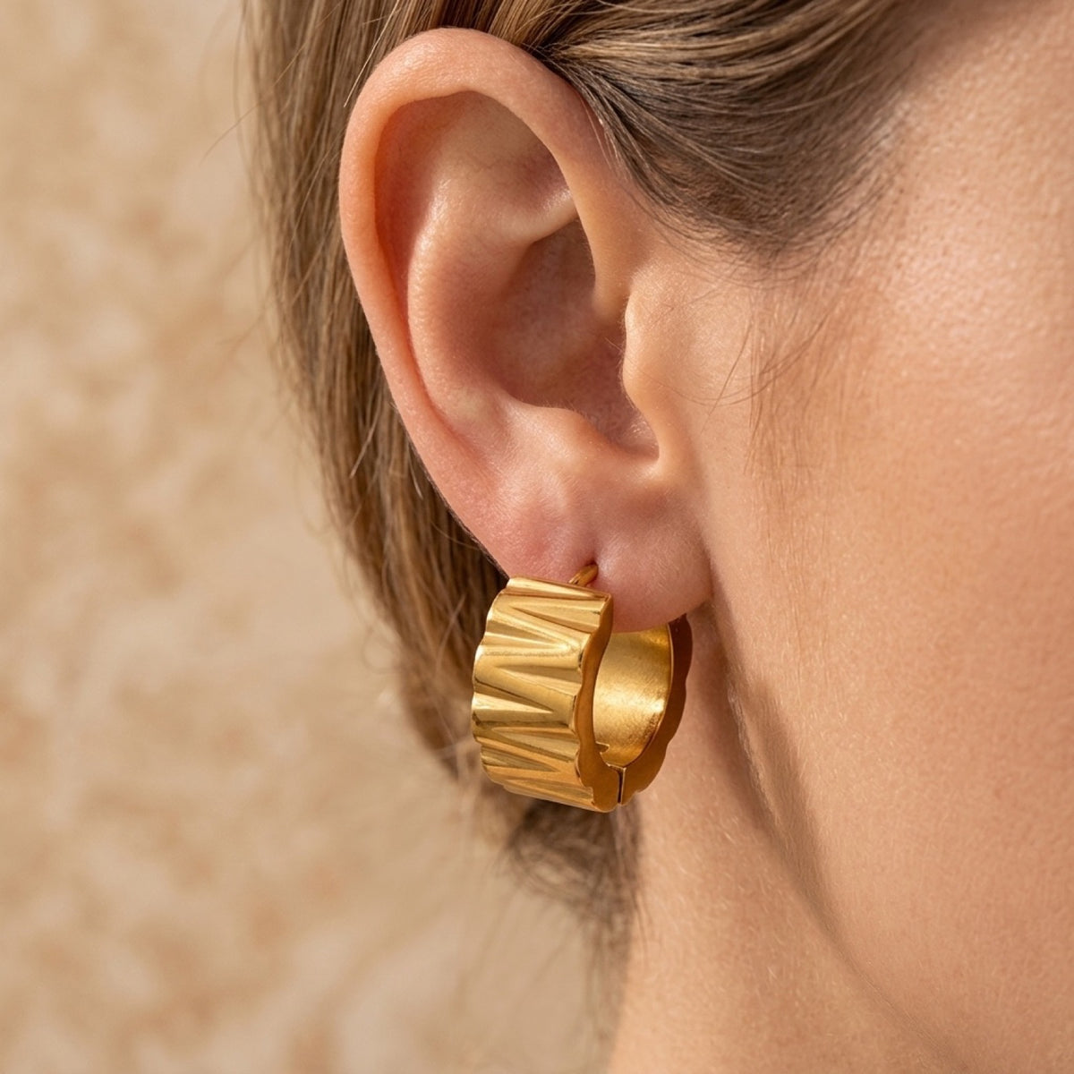 18k Gold PVD Hoop Wide Groove Cut Earrings worn