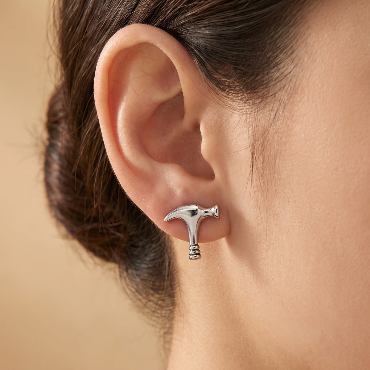 Mechanic Hammer Tool Stud Earrings worn
