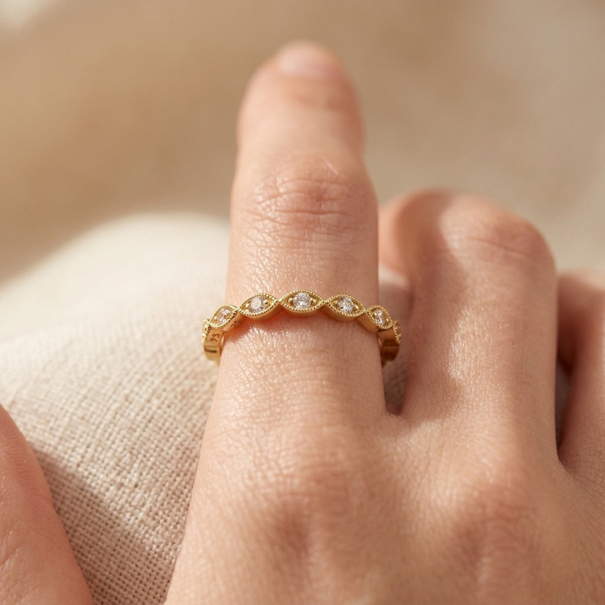 Clear CZ Repeating Marquise Shape Halo Ring worn