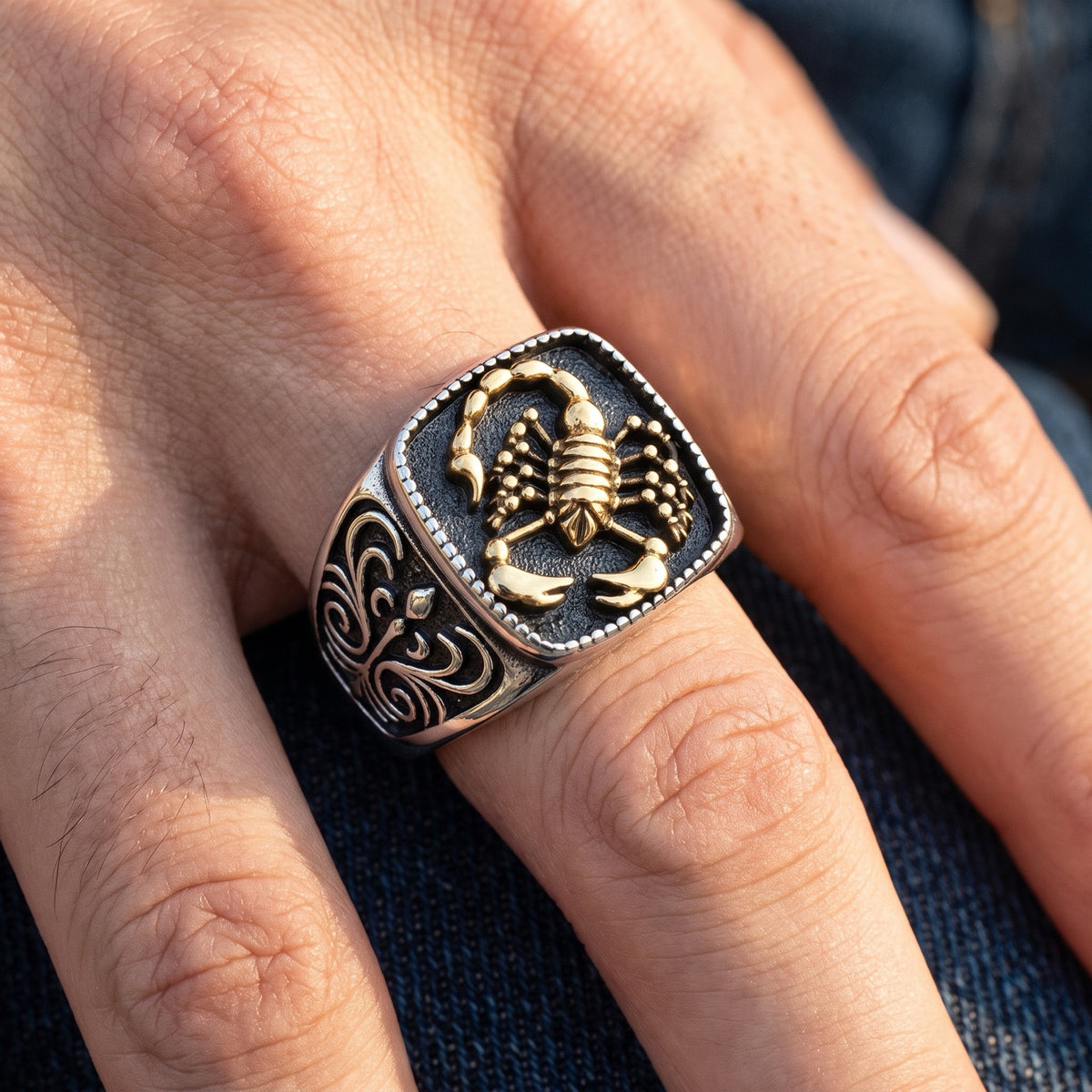 18k Gold PVD Scorpion Signet Filigree Animal Ring worn