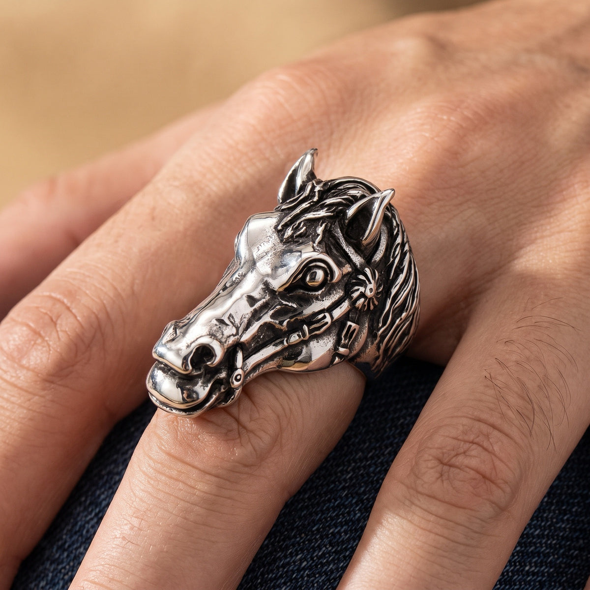 Massive Horse Head Equestrian Animal Ring worn