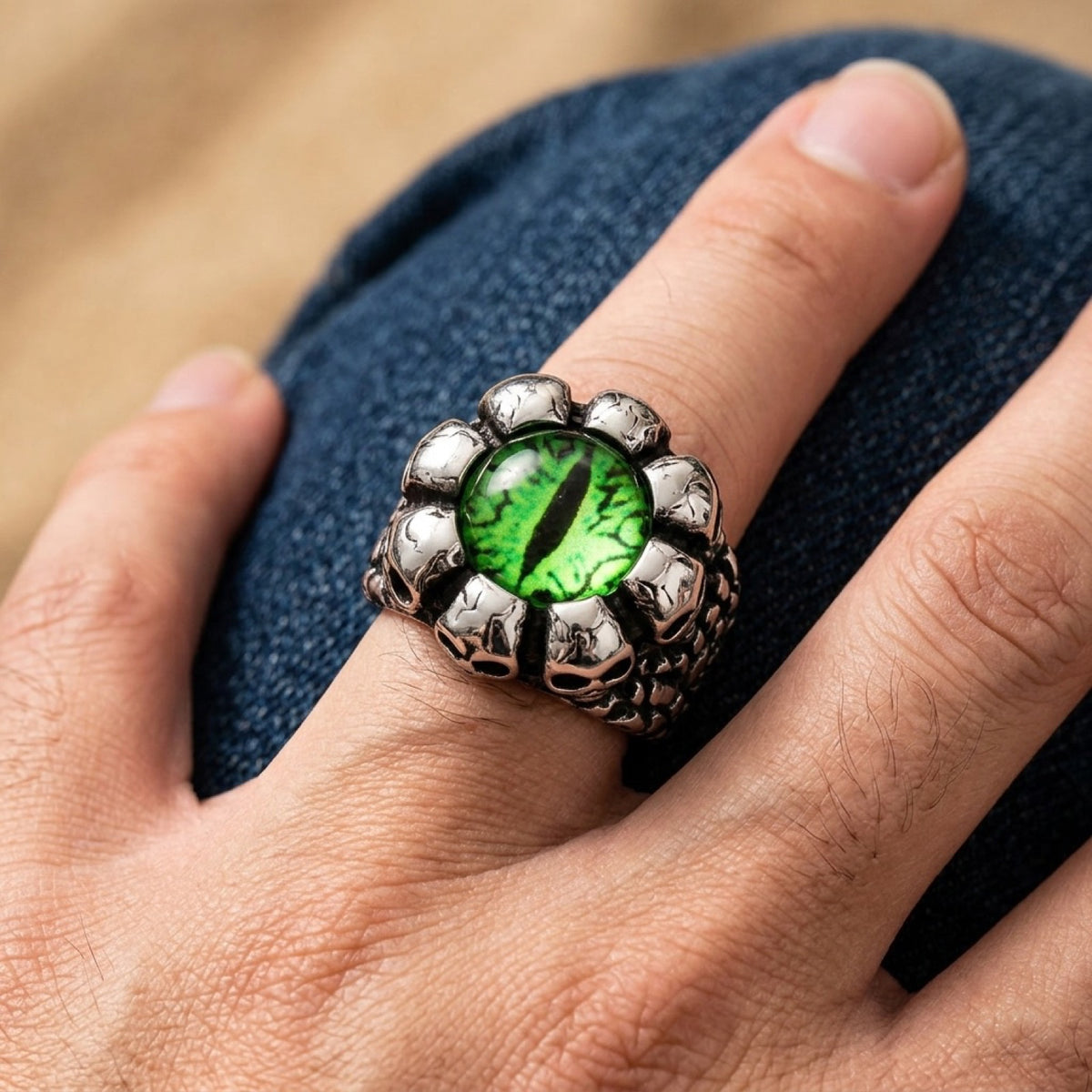Skull Halo Biker Halloween Evil Eye Green Ring worn