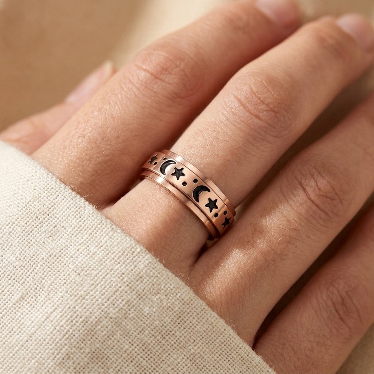 18k Rose Gold PVD Celestial Moon Star Spinner Fidget Ring worn