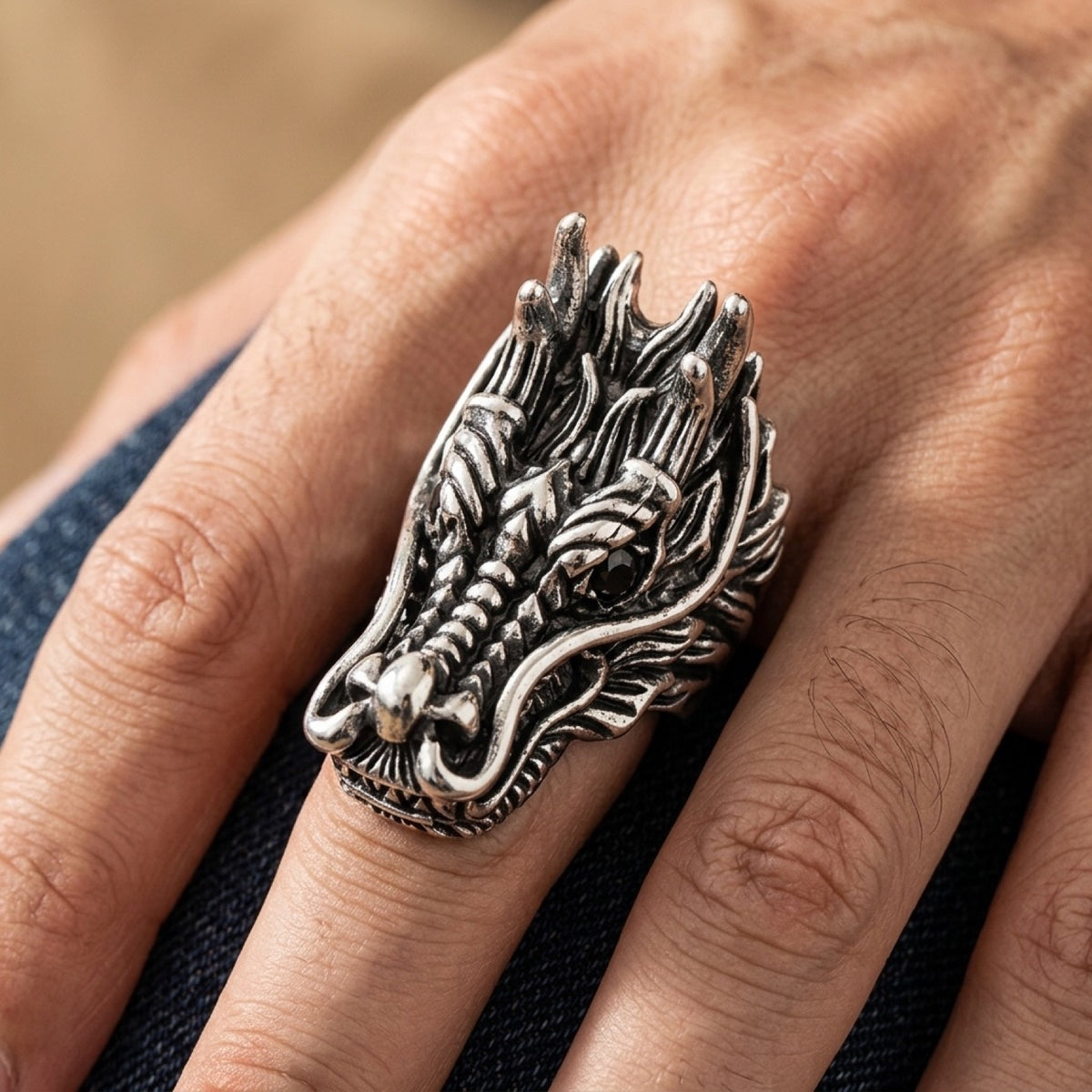Black Eye Dragon Head Snake Mythic Animal Ring worn