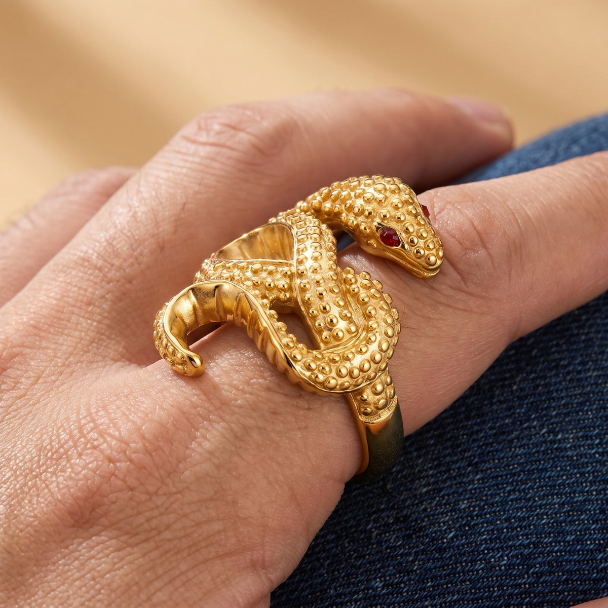 18k Gold PVD Snake Serpent Knot Body Red Eye Ring worn