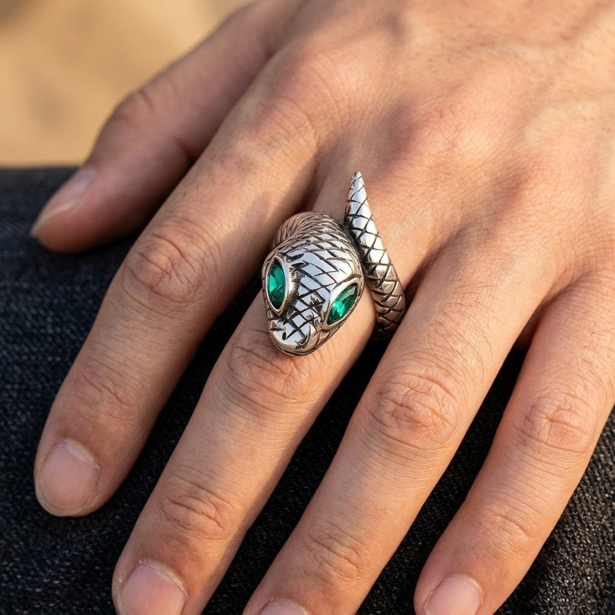 Snake Serpent Body Blue Eye Ring worn