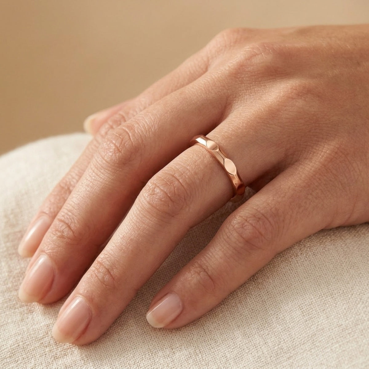18k Rose Gold PVD Thin Hammered Ring worn