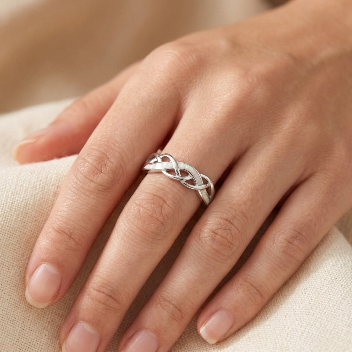 Criss Cross Wave White Lab Opal Ring worn