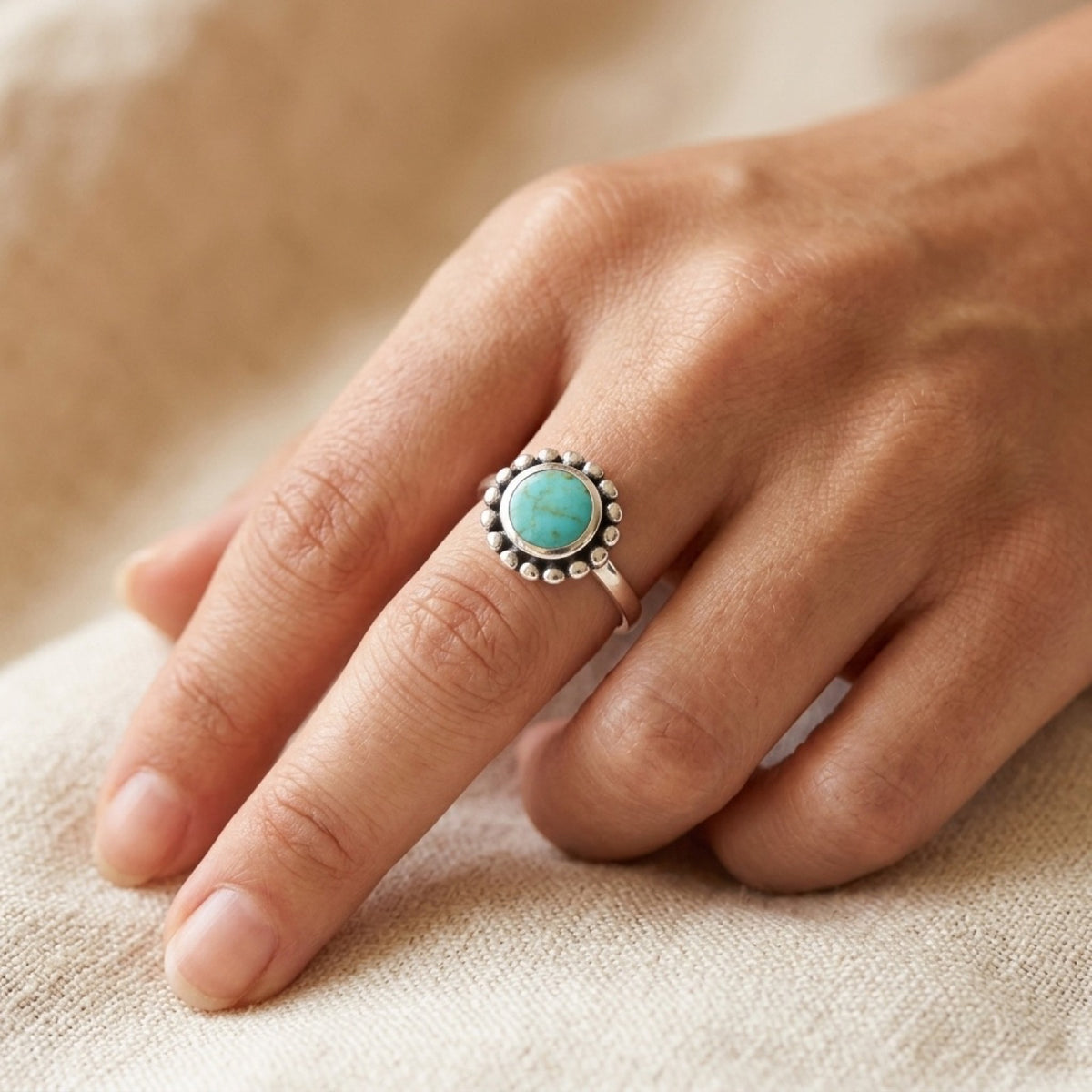 Dots Flower Halo Turquoise Ring worn