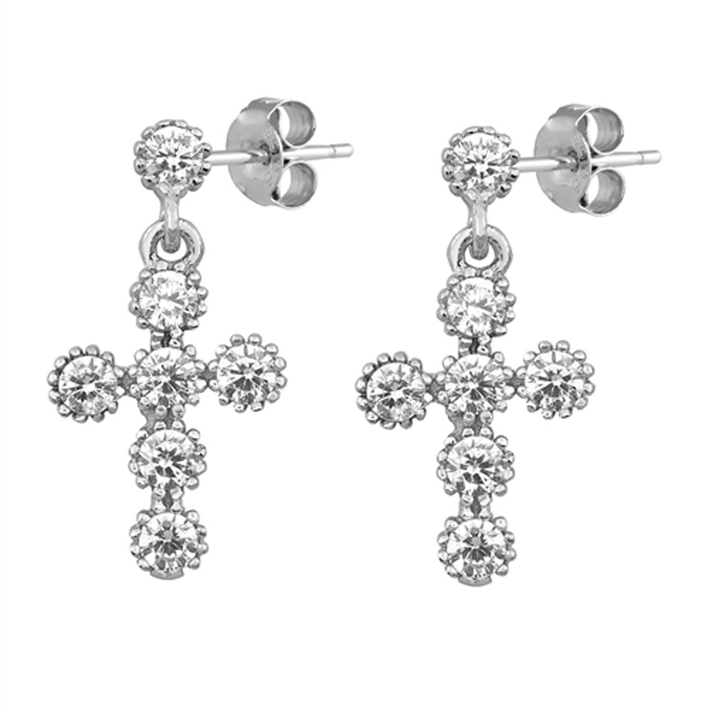 Studded Cross Flower Ornate Christian Clear CZ Dangle Earrings – Sterling Silver