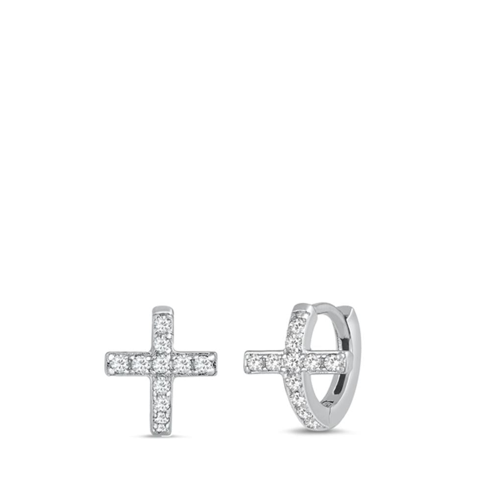 Elegant Cross Christian Clear CZ Hoop Earrings – Sterling Silver