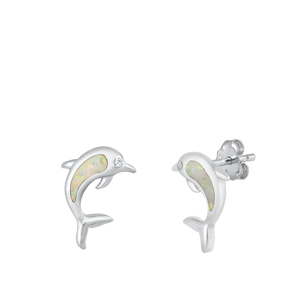 Dolphin Animal Ocean Swim White Lab Opal Earrings – Sterling Silver
