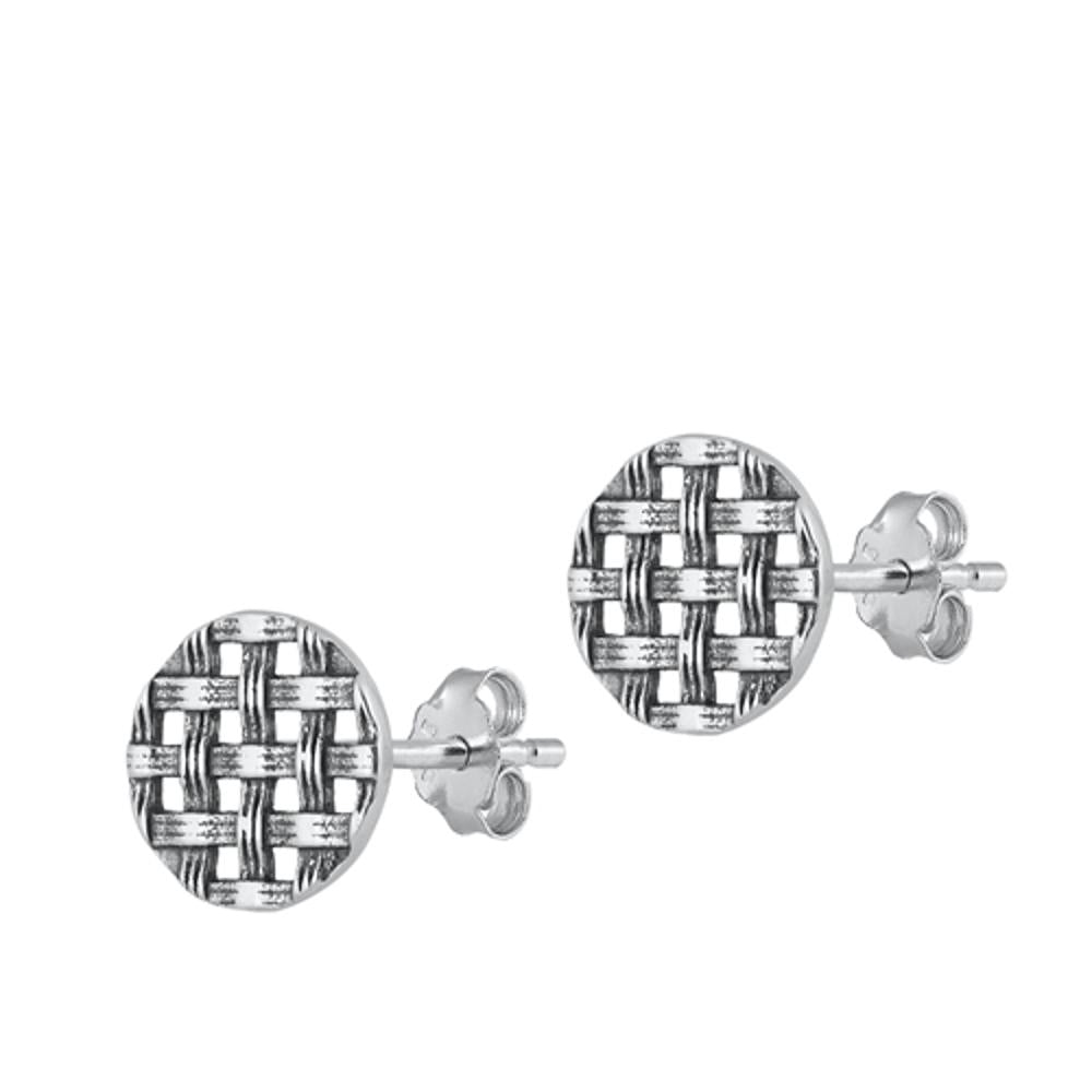 Round Basket Weave Cross Pattern Oxidized Stud Earrings – Sterling Silver