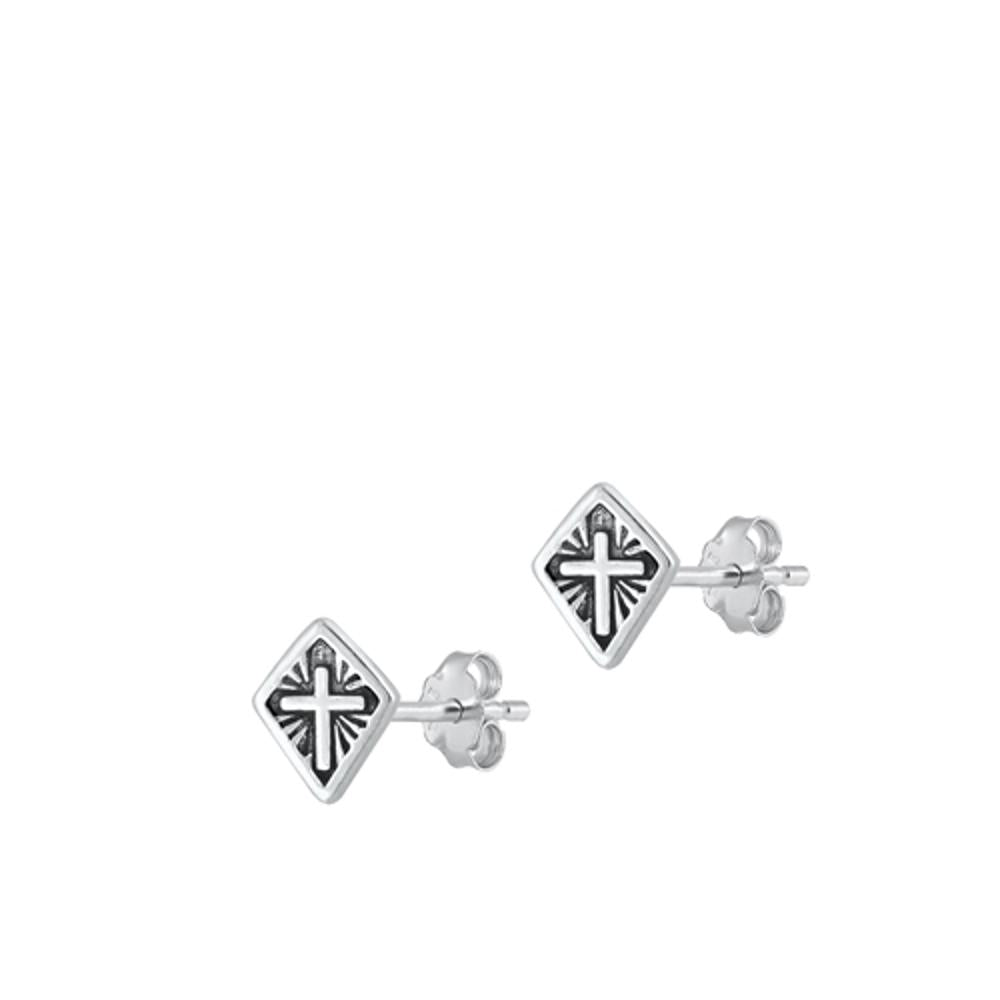 Classic Diamond-Shape Oxidized High Polished Cross Earrings – Sterling Silver