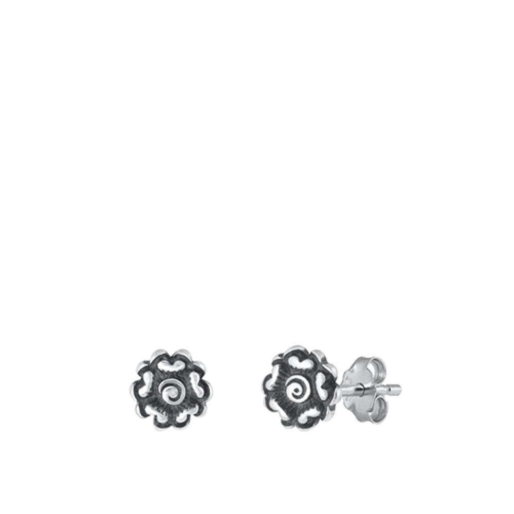 Oxidized Flower High Polished Bali Stud Earrings – Sterling Silver
