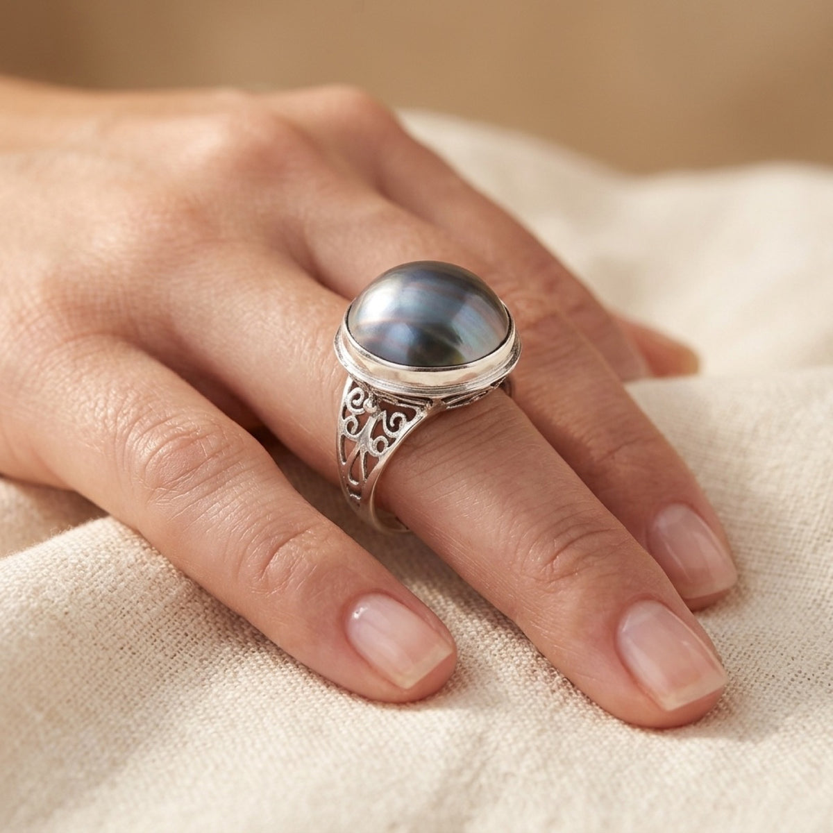Freshwater Pearl Filigree Swirl Round Ring worn