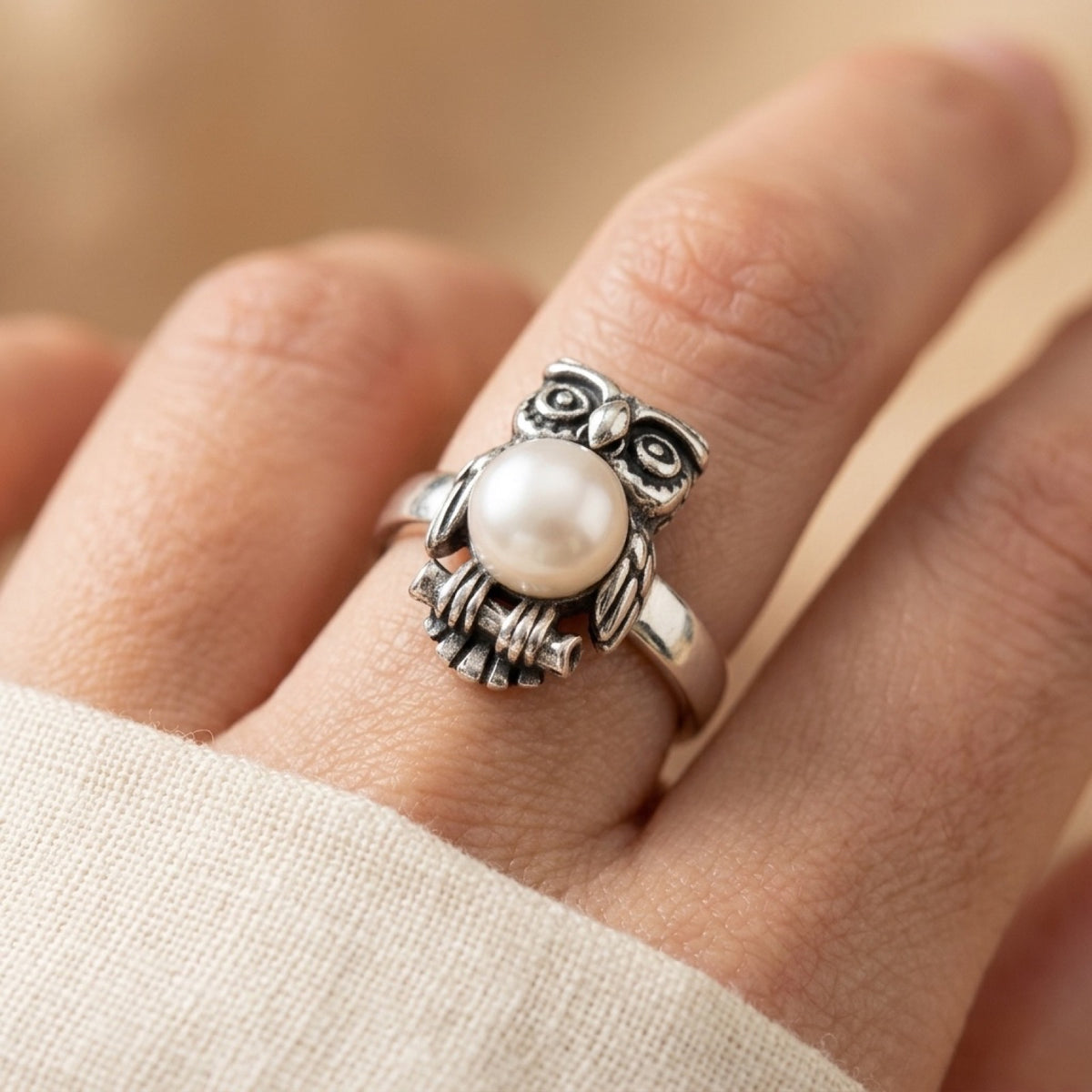 Freshwater Pearl Realistic Oxidized Owl Animal Ring worn