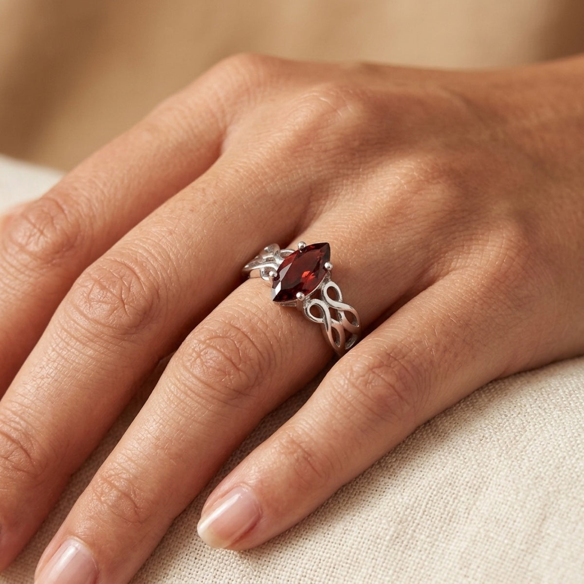 Garnet CZ Marquise Celtic Endless Knot Ring worn