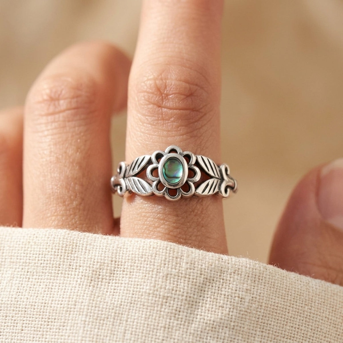 Greek Flower Abalone Ring worn