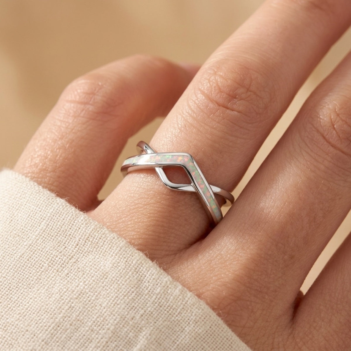 Modern Chevron White Lab Opal Classic Ring worn