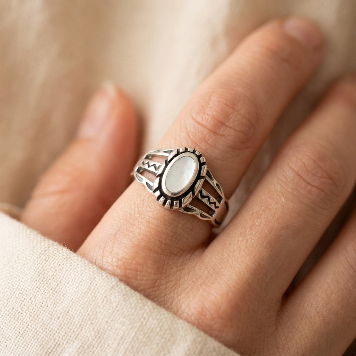 Mother of Pearl Cutout Ring worn