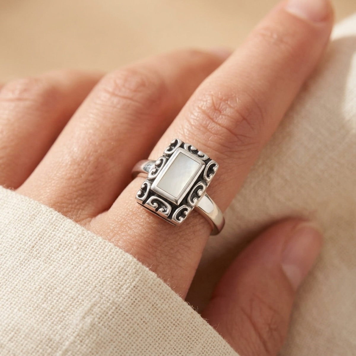 Mother of Pearl Rectangle Antiqued Filigree Ring worn