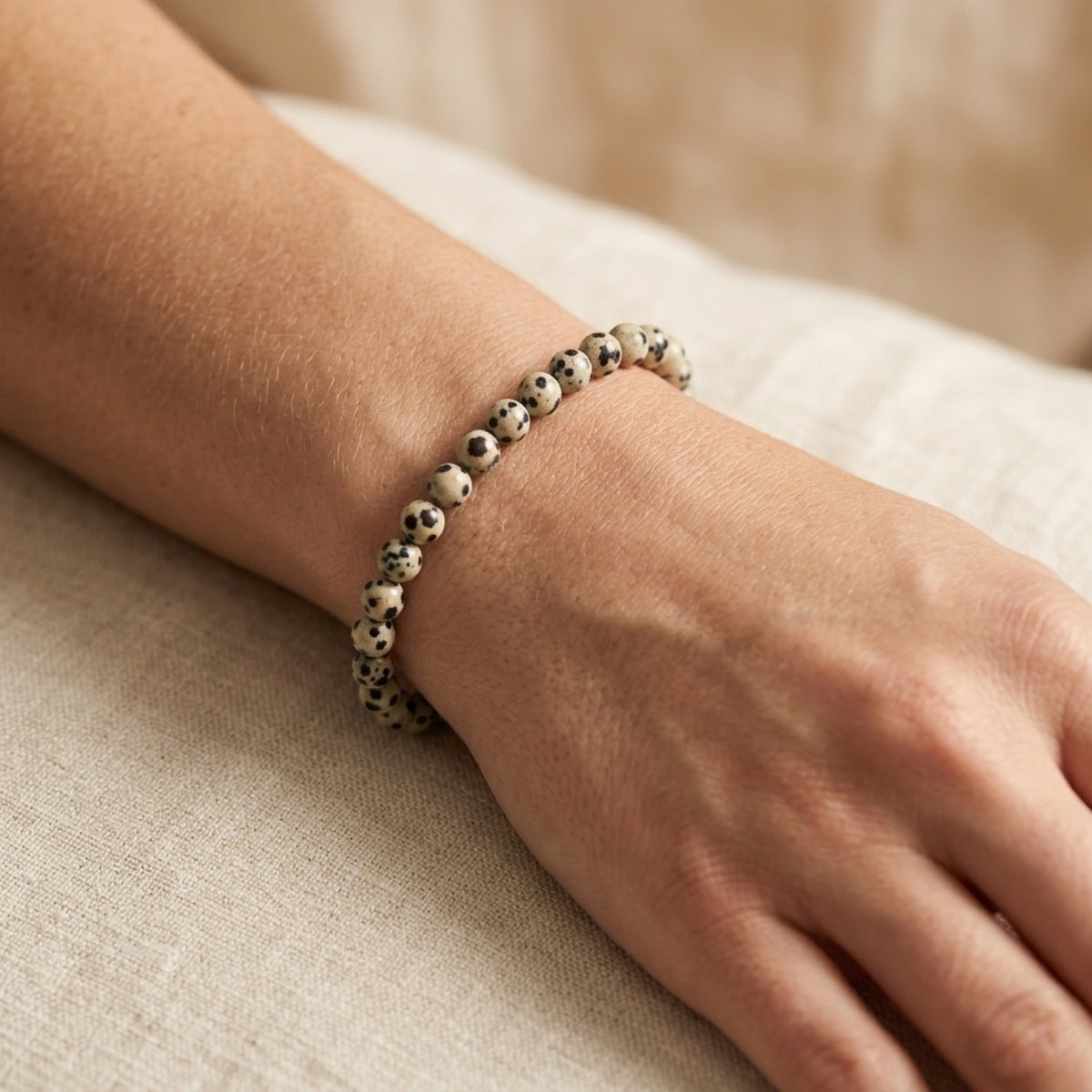 4mm Dalmatian Stretch Bracelet worn