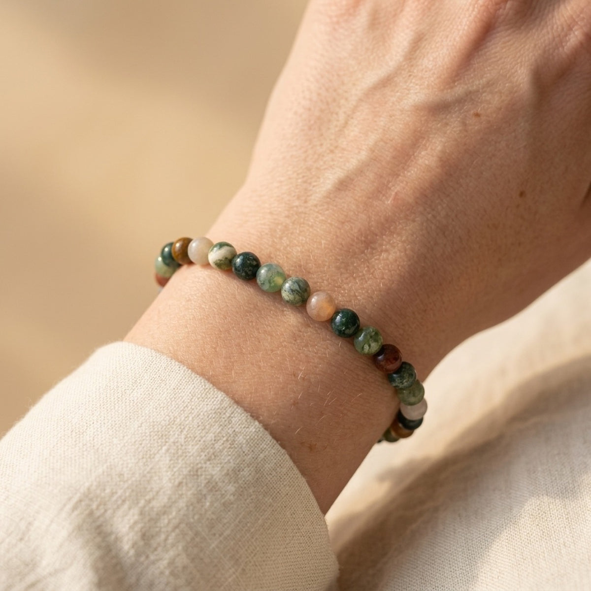 4mm Moss Agate Stretch Bracelet worn
