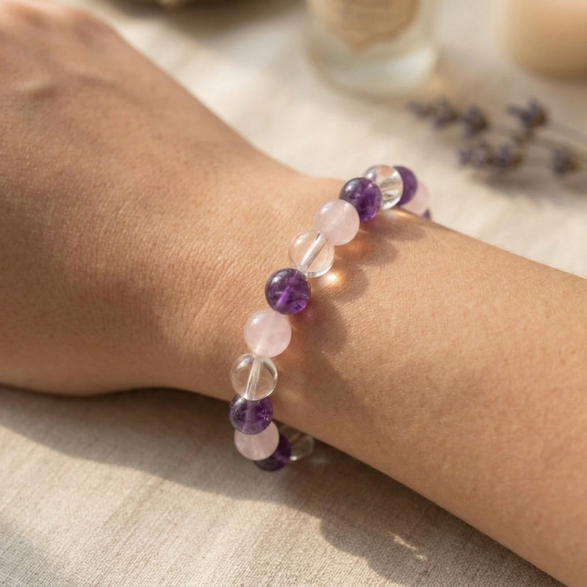 6mm Amethyst Rose Quartz & Stretch Bracelet worn
