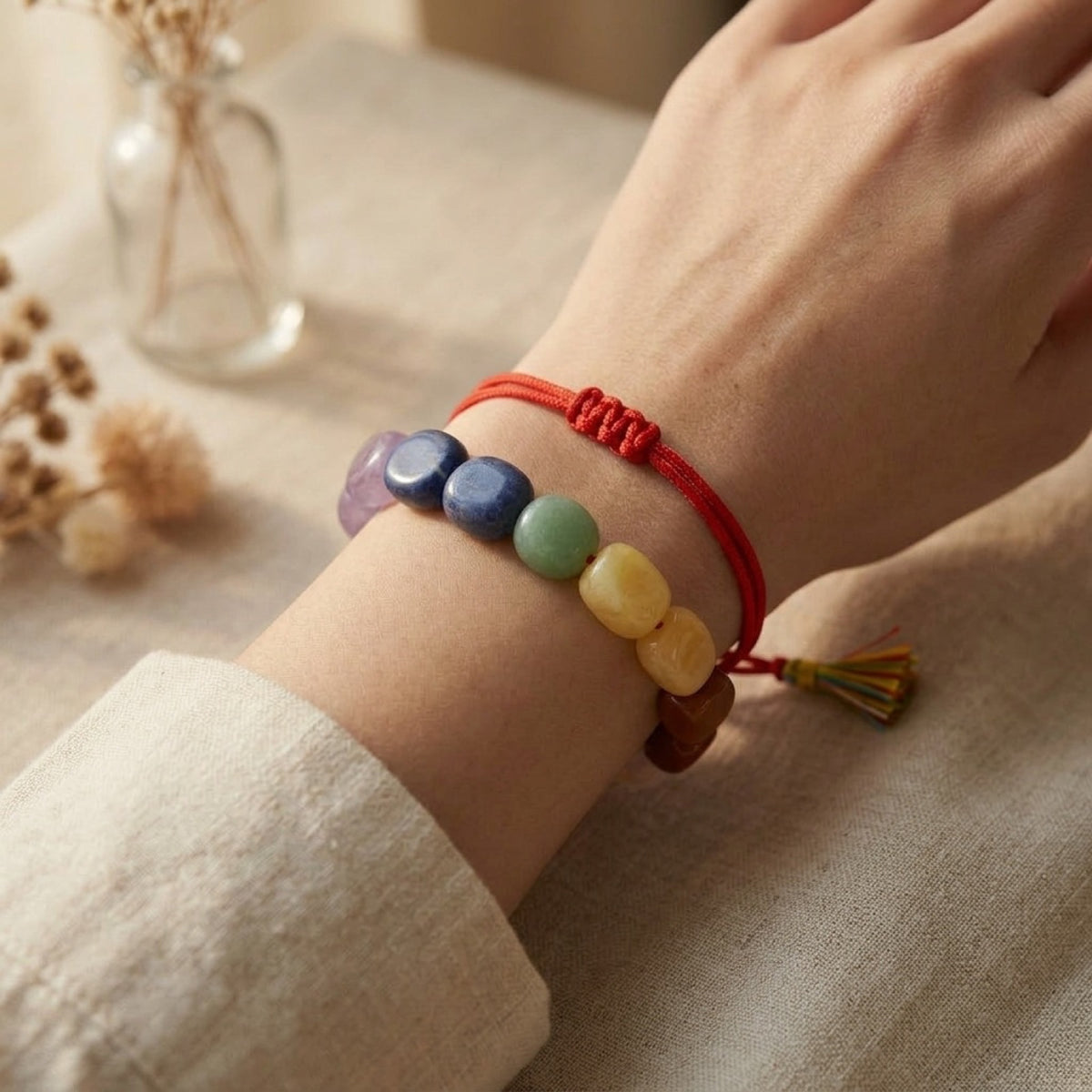 7 Chakra Tassel Nugget Adjustable Bracelet worn