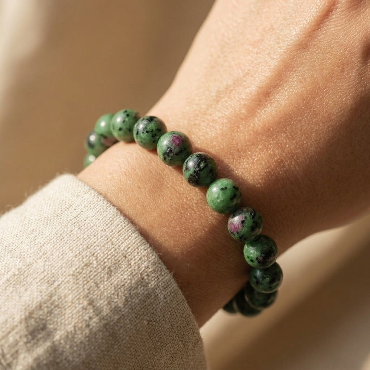 8mm Ruby Zoisite Stretch Bracelet worn