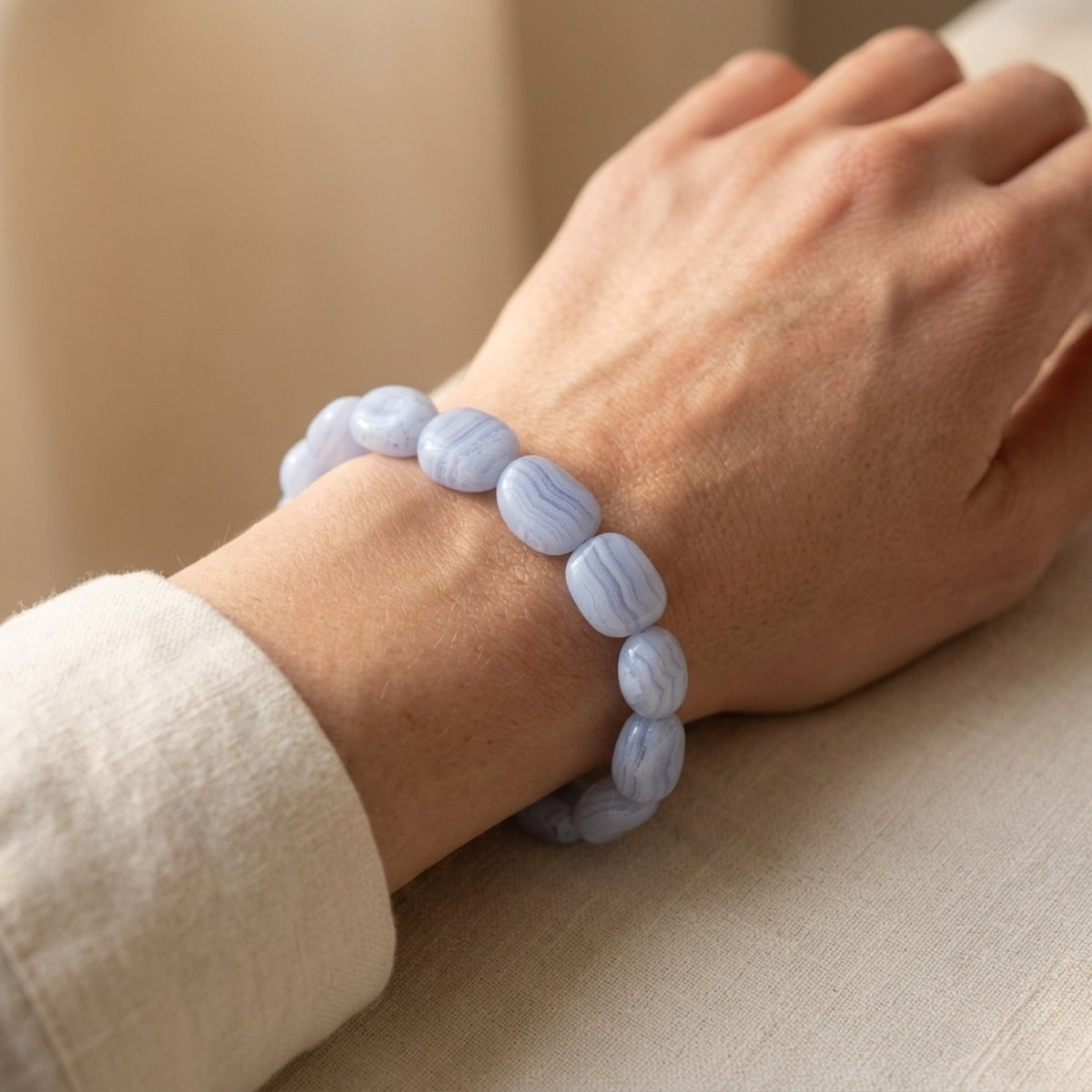 Blue Lace Nugget Stretch Agate Bracelet worn